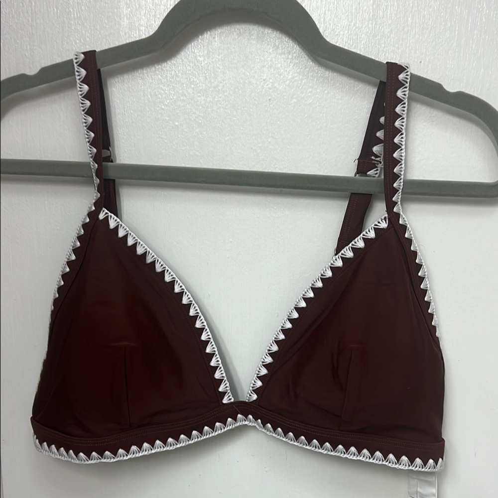 Women's Brown Bikini Top with White Trim, Adjustable Straps, Removable pads Sz L